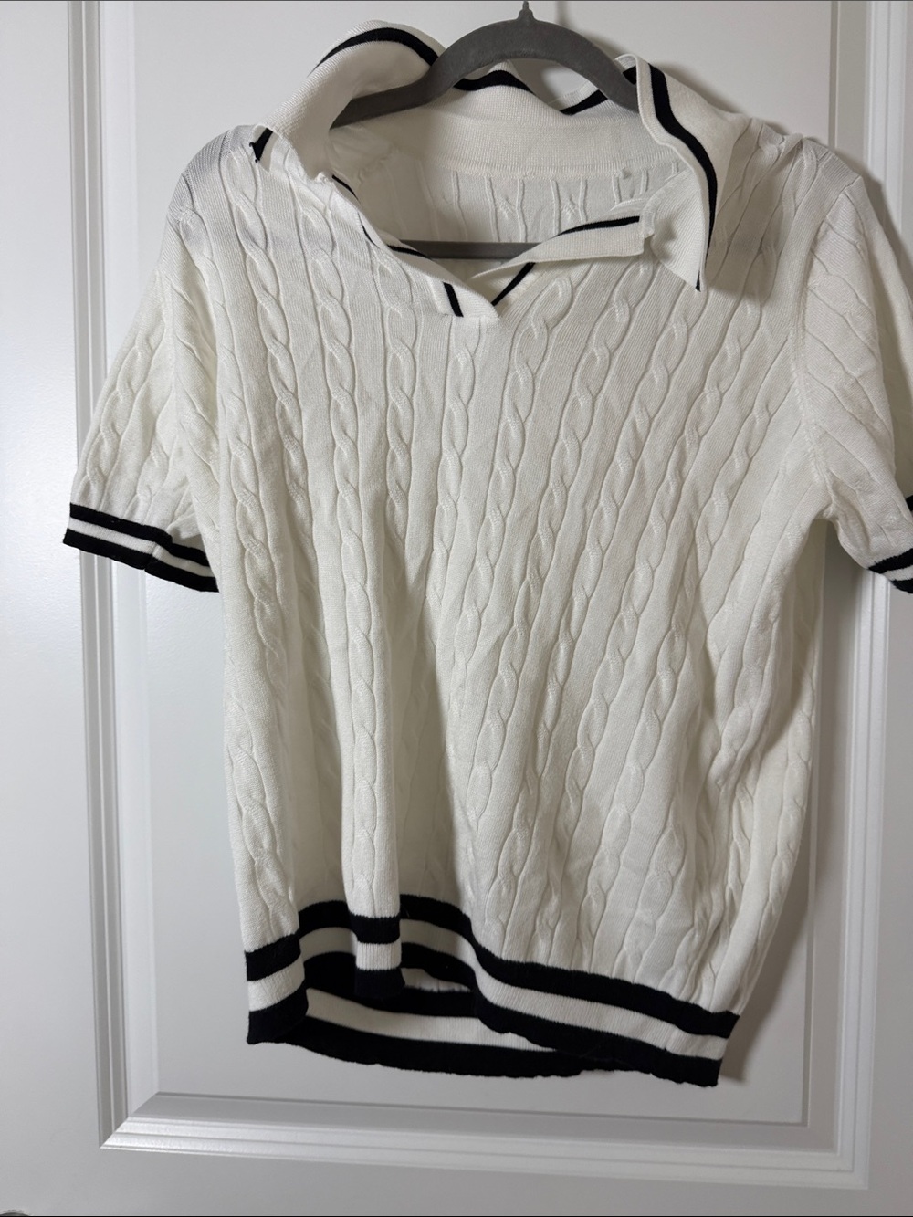White Cable Knit Polo Sweater with Black Trim